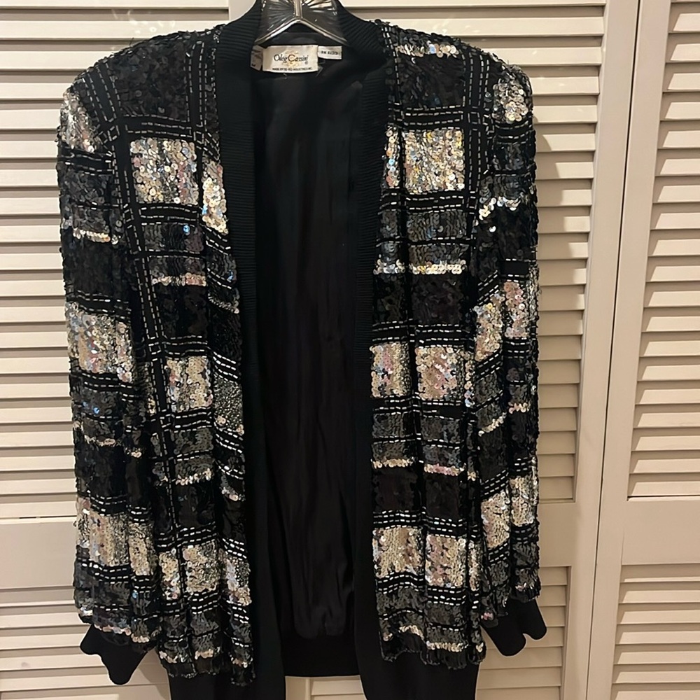Beautiful Vintage Oleg Cassini Sequined Black Sweater Jacket Silk